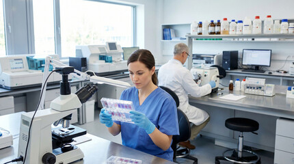 Fototapeta premium Medical laboratory scientists perform quality control of histopathology and tissue sections for cancer diagnosis