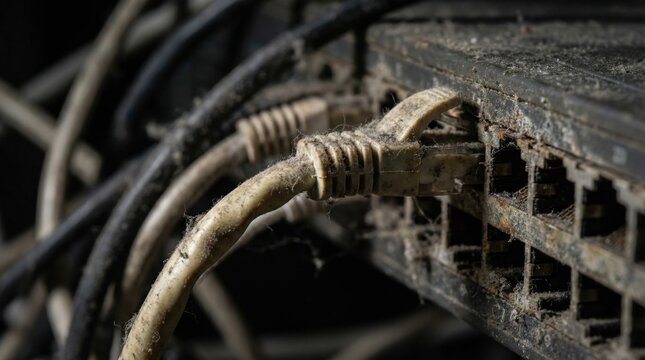 Dusty ethernet cables plugged into old network switch