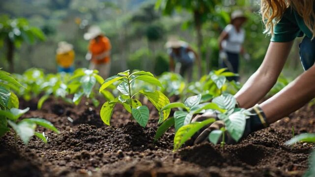 A gardener tenderly places young saplings in fertile soil surrounded by others who nurture their green plants. The serene outdoor landscape set against a clear sky creates a picturesque scene