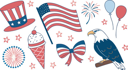 Obraz premium 4th of July Sublimation Clipart SVG Bundle. Large 4th of July clipart bundle illustration, patriotic USA themed elements arranged in a collage layout, vibrant red white and blue color palette,
