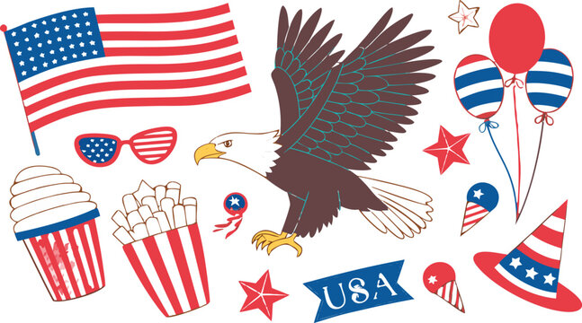 4th of July Sublimation Clipart SVG Bundle.
Large 4th of July clipart bundle illustration, patriotic USA themed elements arranged in a collage layout, vibrant red white and blue color palette,