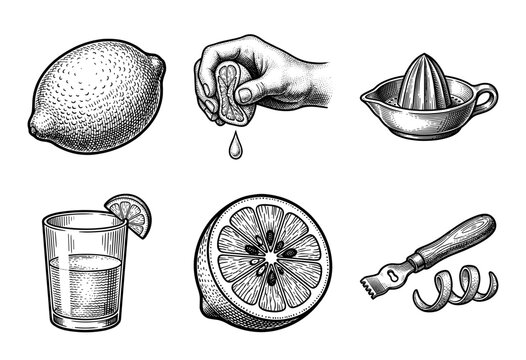 Vintage engraving style lemon collection featuring whole fruit, sliced citrus, hand squeezing juice, manual juicer, zester tool, and glass drink