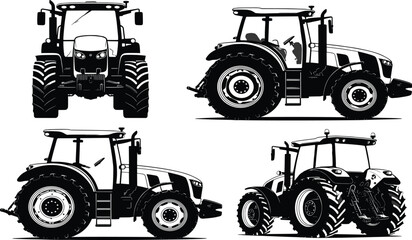 Agriculture tractor icon set with front side and perspective views, professional cad drawing flat vector illustration for farming machinery and industrial equipment. © Shree