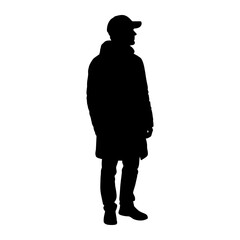 A black silhouette of a man wearing a baseball cap