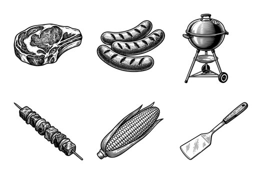 Vintage woodcut style collection of barbecue elements including steak sausages kettle grill kebab corn and spatula