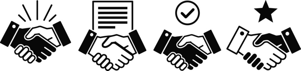 Black and White Business Handshake Icon Set Representing Successful Partnership Agreement Contract Signing and Professional Cooperation for Corporate and Legal Marketing Designs