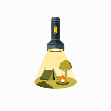 Camping adventure illustrated with tent and campfire under flashlight beam on a grassy landscape vector design; outdoor exploring scene.