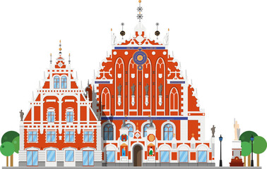 Blackheads House in Riga, Latvia, isolated on white background vector illustration. Monuments and landmarks Series