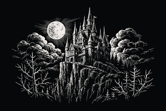 Majestic gothic castle perched on a high cliff under a full moon, dark fantasy mountain landscape hand drawn scratchboard vector illustration.