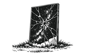 Broken mirror in a field reflecting a cosmic galaxy and stars, surreal space concept hand drawn line art vector illustration of another dimension.