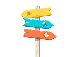 Wooden signpost with three directional beachthemed arrows © Titi