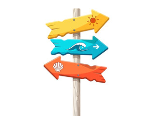 Wooden signpost with three directional beachthemed arrows pointing right and left © Titi