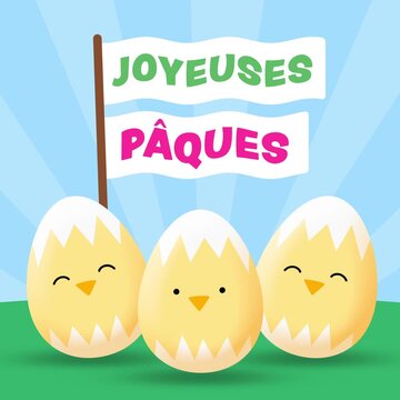 Sweet Cartoon Animation of 3 Easter Egg Chickens with French Happy Easter Text (Joyeuses P&acirc;ques) in Wavy Banner Flag in a Spring Landscape with Sunburst - 4K Square Seamless Loop Video