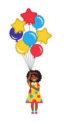 African American girl holding colorful birthday balloons with smile  
