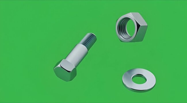 Metal parts including a bolt, nut, and washer on a green background