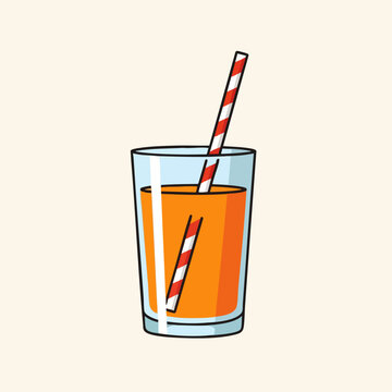 Cartoon glass filled with vibrant orange juice and a striped straw for a cheerful and refreshing drink illustration; vector graphic design