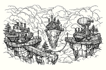Steampunk floating islands with airships and industrial flying machines, imaginative fantasy world hand drawn line art vector illustration concept. © Chairul