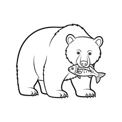 Fototapeta premium Black and white illustration of a grizzly bear holding a fish in its mouth, symbolizing nature and wildlife