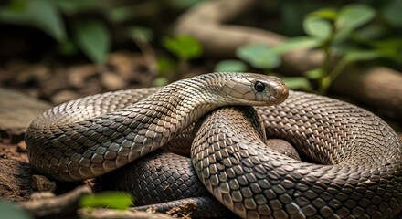 Fototapeta premium Close-up view of a brown snake coiled on the forest floor amidst natural foliage and branches.