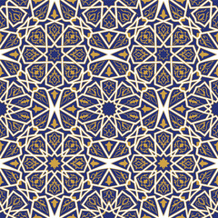 Vibrant Islamic geometric pattern with floral motifs in blue, green, red, and gold
