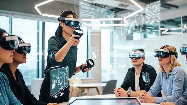 Professionals using virtual reality for workforce reskilling training