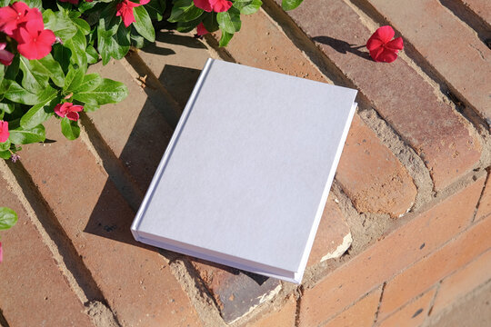 empty book mockup on brick terrace near red catharanthus flowers hard light