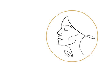 Obraz premium Luxury female face line art logo with gold circle frame. Elegant minimalist design ideal for skincare branding, aesthetic clinics, beauty salons and cosmetic packaging