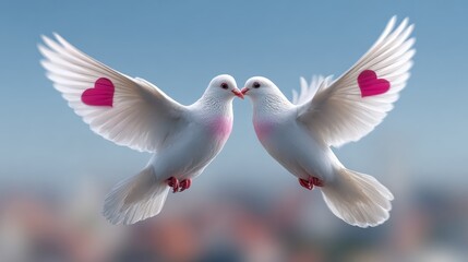 Fototapeta premium Two white doves with pink heart markings on their wings facing each other against a blurred cityscape background, symbolizing love and affection in nature