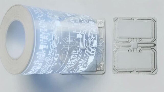 Medium shot of flexible printed electronics paper showcasing delicate printed circuits glowing softly under bright light. Medium shot of coated paper with embedded NFC tags