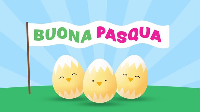 Sweet Cartoon Animation of 3 Easter Egg Chickens with Italian Happy Easter Text (Buona Pasqua) in Wavy Banner Flag in a Spring Landscape with Sunburst - 4K Horizontal Seamless Loop Video