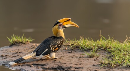 A majestic Great Hornbill bird standing on muddy ground near water.