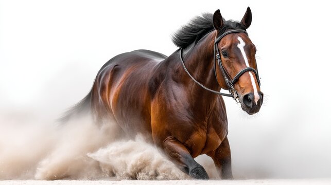 Brown horse galloping through sandy terrain, kicking up dust with mane flowing, showcasing strength and speed in a dynamic outdoor setting