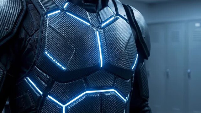 A striking futuristic armored suit in close-up, illuminated by an ethereal blue glow, showcases intricate design elements. 