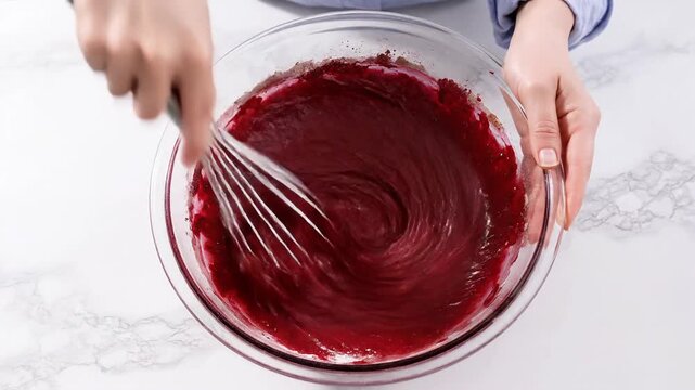 Mixing Red Velvet Cake Batter in Glass Bowl with Whisk and Eggs