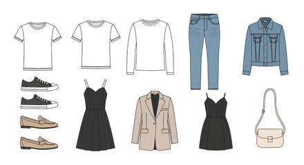 Naklejka premium Flat lay illustration of casual and business women's clothing items, concept for fashion catalog design, apparel marketing and retail promotion