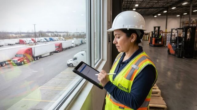 A logistics staff member vigilantly oversees a line of trucks in a busy warehouse, documenting details on a digital tablet to optimize inventory and supply chain management
