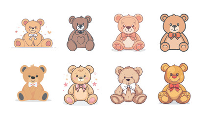 Fototapeta premium Flat style teddy bear with bow line art, cute minimalist stuffed animal illustration isolated on white background, simple vector design for children, toy, and nursery decoration concept