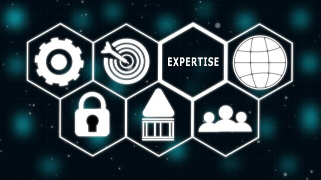 Expertise concept button. Hi tech motion graphic background, white flickering dots on dark background. 4K video motion graphic