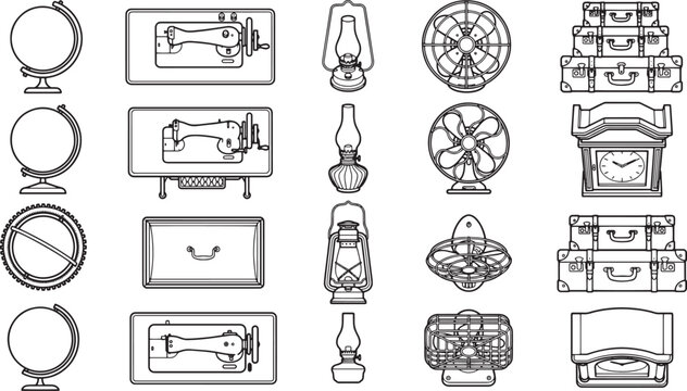 A collection of diverse vintage objects, from ornate sewing machines to globes. This artistic illustration showcases classic items, perfect for adding a touch of nostalgia to any project.