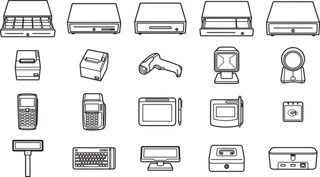 Collection of various technological devices and equipment essential in modern industry, from cash registers to cutting-edge scanners.