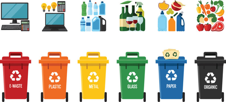 Waste sorting and recycling bins with garbage categories electronic plastic metal glass paper organic flat vector illustration set