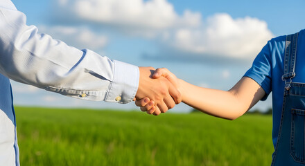Fototapeta premium Handshake in a serene green field with a clear blue sky