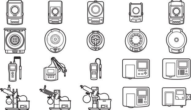 A collection of scientific instruments, designed with precision and clarity. A monochrome representation perfect for educational use, scientific study, or design projects.