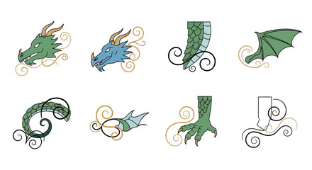 Obraz premium Set of stylized green and blue dragon head, tail, wing and claw elements with ornate scrolls, concept for fantasy book cover design, mythical creature illustration and game asset creation