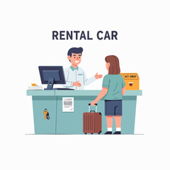 Customer standing at car rental counter talking with clerk holding suitcase illustration in flat vector design style