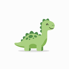 Obraz premium Cute green cartoon dinosaur illustration with simple design; friendly smiling dino character with smooth shapes and rounded details for children's theme