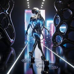 Futuristic Android Model in Neon Cityscape