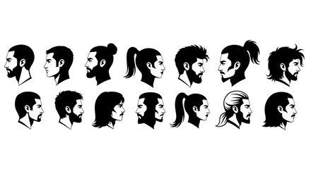 Fototapeta premium Collection of male and female diverse hairstyle and beard silhouettes in profile view, concept for barber shop promotions, cosmetic product branding and fashion magazine illustration