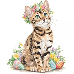 Obraz premium Adorable Tabby Cat With Floral Crown and Colorful Easter Eggs in Spring Garden