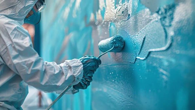A painter in a white protective suit and mask applies bright blue paint to an outdoor wall using a roller, working under natural light in a designated work area